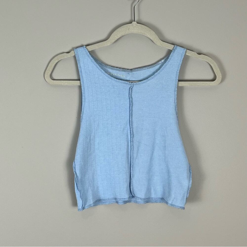 American Eagle Blue Patchwork Cropped Tank Top Ribbed Waffleknit Women's Small